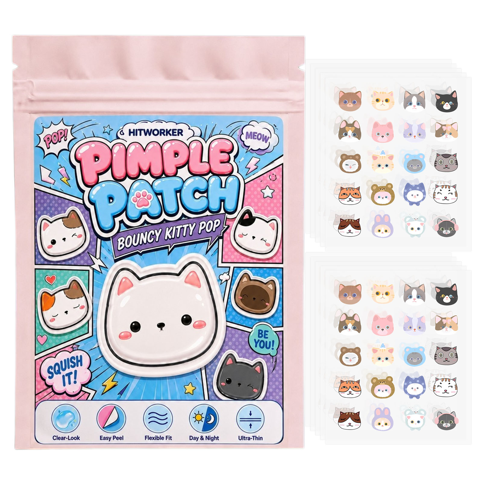 Hydrocolloid Pimple Patch - 100개 귀여운 고양이 모양 여드름 패치,