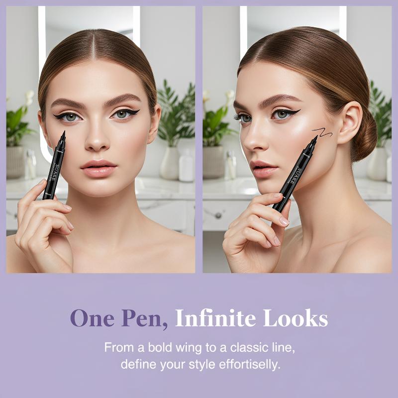 Waterproof Liquid Eyeliner Pen - 2개입 블랙 아이라이너 양쪽 끝 사용