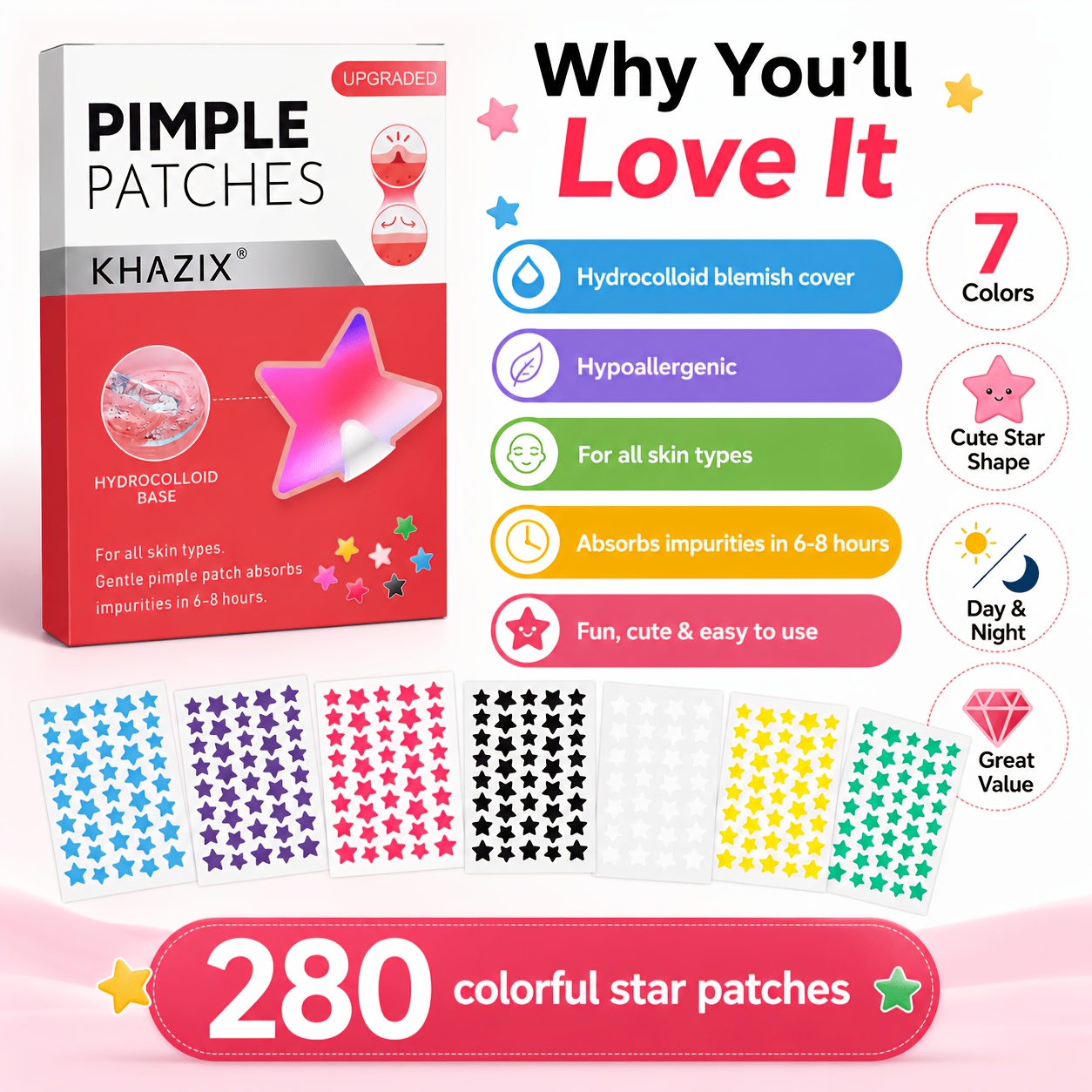 280개 스타 모양 여드름 패치, 7가지 색상 하이드로 - Hydrocolloid Pimple Patch 리뷰 및 가격